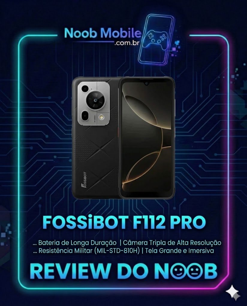 FOSSiBOT F112 Pro review: smartphone robusto com design resistente e câmeras potentes em destaque na moldura Noob Mobile.