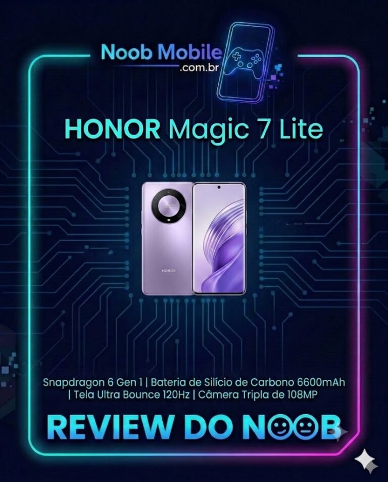 Smartphone Honor Magic 7 Lite roxo em destaque na capa do Noob Mobile. Este matador de topos de linha possui 512GB e bateria de 6600mAh. Honor Magic 7 Lite é bom e um dos mais resistentes do Brasil.