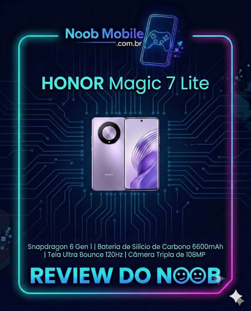 Smartphone Honor Magic 7 Lite roxo em destaque na capa do Noob Mobile. Este matador de topos de linha possui 512GB e bateria de 6600mAh. Honor Magic 7 Lite é bom e um dos mais resistentes do Brasil.
