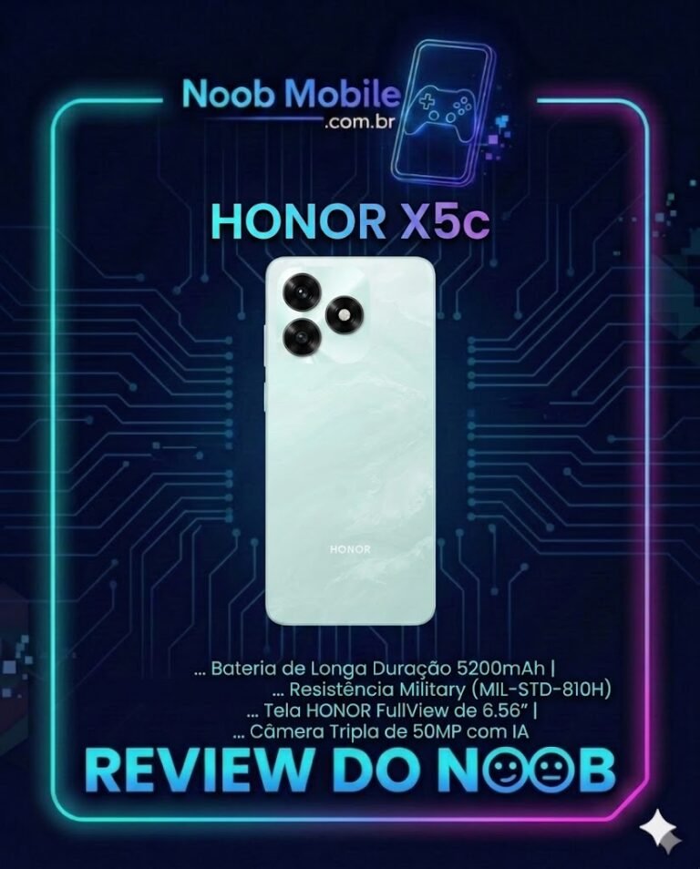 Smartphone Honor X5c verde em moldura de review do site Noob Mobile com especificações técnicas de bateria e resistência.