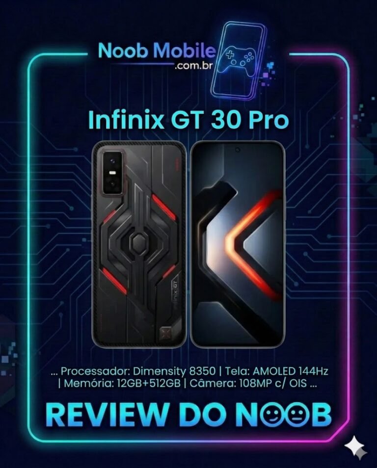 Infográfico do review mostrando se o Infinix GT 30 Pro vale a pena, com o design do celular gamer e suas principais especificações técnicas na moldura do Noob Mobile.