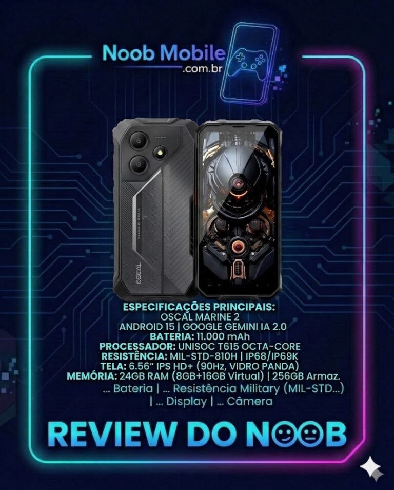Smartphone robusto Oscal Marine 2 em moldura tecnológica do Noob Mobile, destacando bateria de 11.000 mAh, Android 15 com Gemini IA e resistência militar.