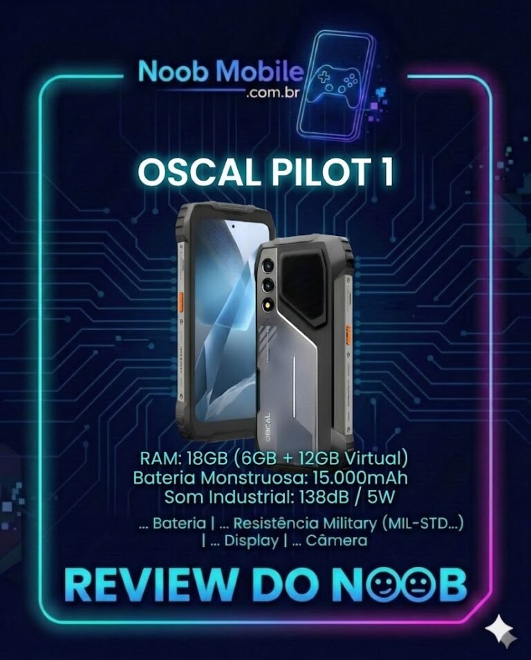 Banner promocional do smartphone robusto Oscal Pilot 1 com o logotipo Noob Mobile. A imagem mostra a frente e o verso do aparelho em um fundo tecnológico azul com circuitos. O texto destaca 18GB de RAM, bateria de 15.000mAh e som de 138dB.