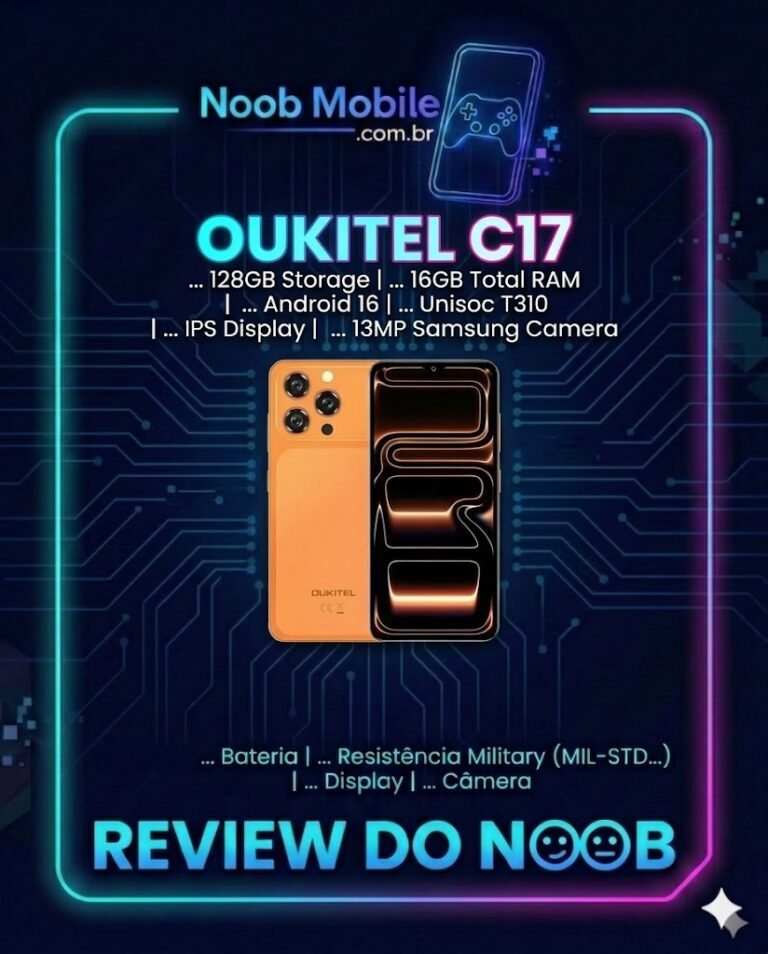 Oukitel C17 na cor laranja com interface Android 16 e moldura Review do Noob Mobile.