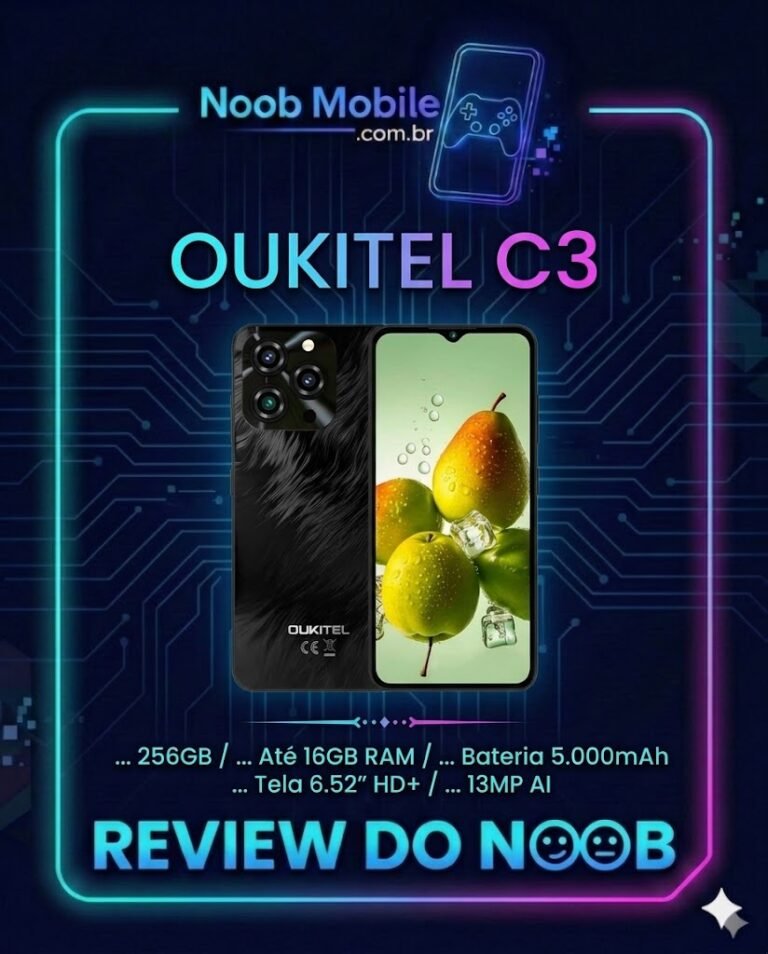 Smartphone Oukitel C3 preto com tela ligada exibindo frutas, montado sobre moldura tecnológica do site Noob Mobile com selo de Review do Noob.