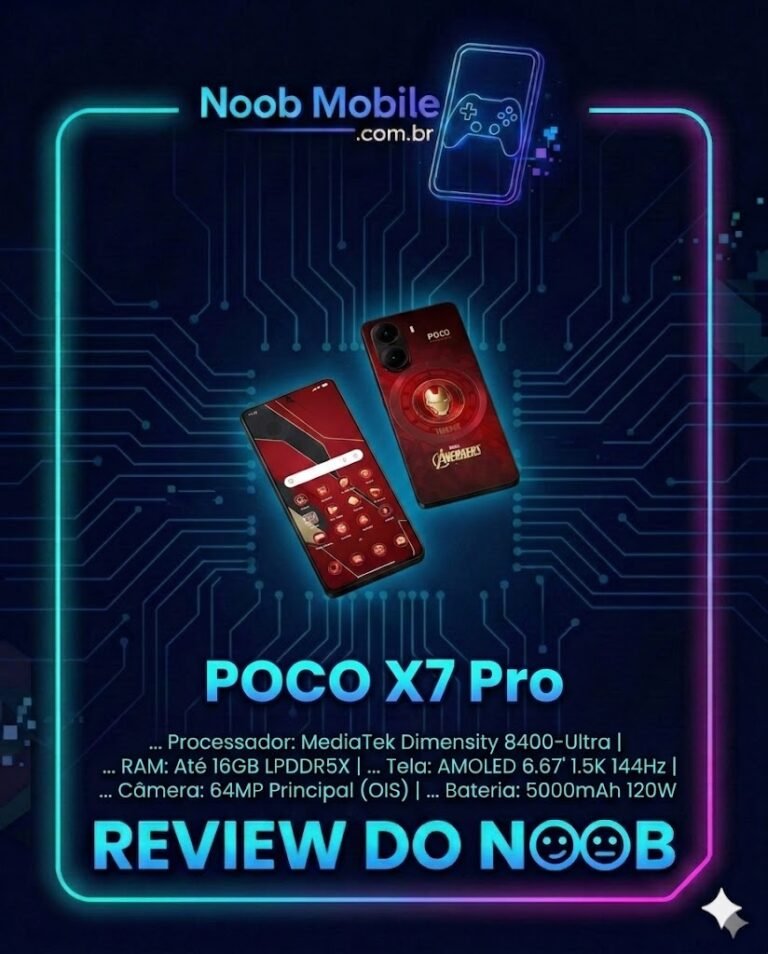 Smartphone POCO X7 Pro Edição Especial Iron Man em moldura de review do site Noob Mobile, destacando processador Dimensity 8400-Ultra e bateria de 6000mAh. Ideal para quem busca saber se o POCO X7 Pro vale a pena em 2026.