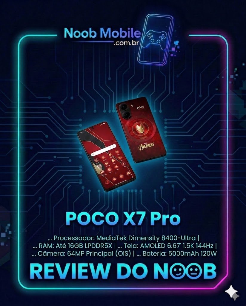 Smartphone POCO X7 Pro Edição Especial Iron Man em moldura de review do site Noob Mobile, destacando processador Dimensity 8400-Ultra e bateria de 6000mAh. Ideal para quem busca saber se o POCO X7 Pro vale a pena em 2026.