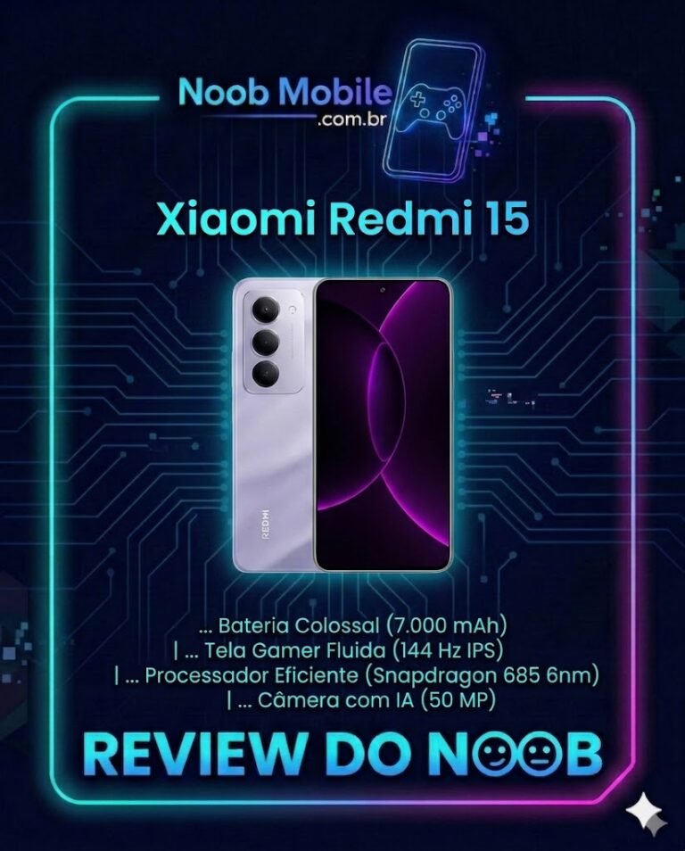 Descubra se o Redmi 15 é bom para jogos na imagem oficial do Review do Noob com o smartphone em Sandy Purple, destacando a bateria colossal de 7.000 mAh e a tela gamer de 144Hz.