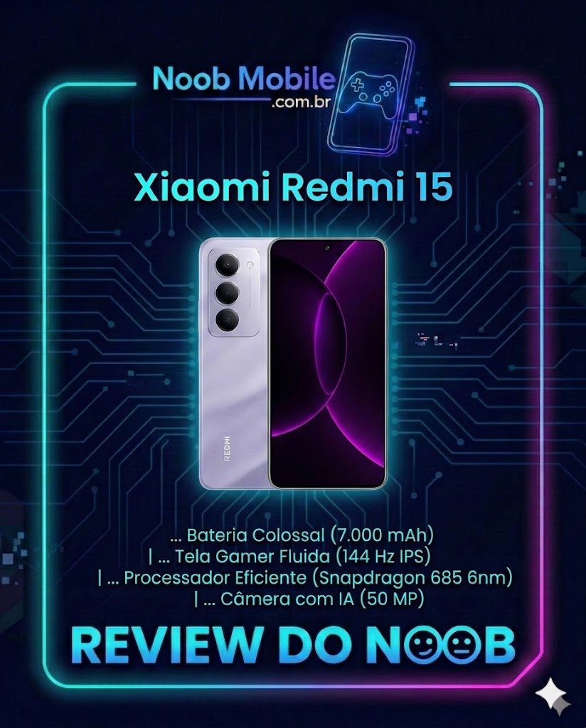 Descubra se o Redmi 15 é bom para jogos na imagem oficial do Review do Noob com o smartphone em Sandy Purple, destacando a bateria colossal de 7.000 mAh e a tela gamer de 144Hz.