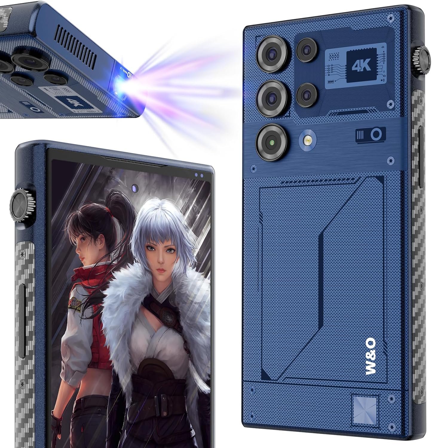 w&o w01 é bom? Projetor portátil azul multifuncional com tela dupla exibindo anime e projeção em 4K.
