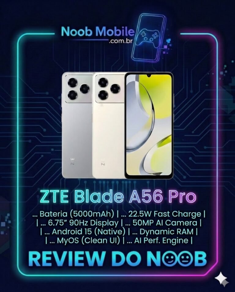 Smartphone ZTE Blade A56 Pro em três cores dentro da moldura oficial de review do site Noob Mobile.