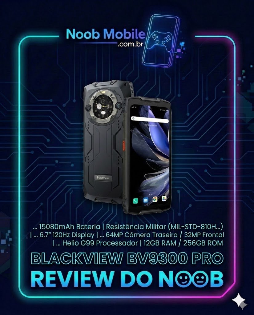Smartphone robusto Blackview BV9300 Pro em moldura neon azul e roxa com ficha técnica e selo Review do Noob.