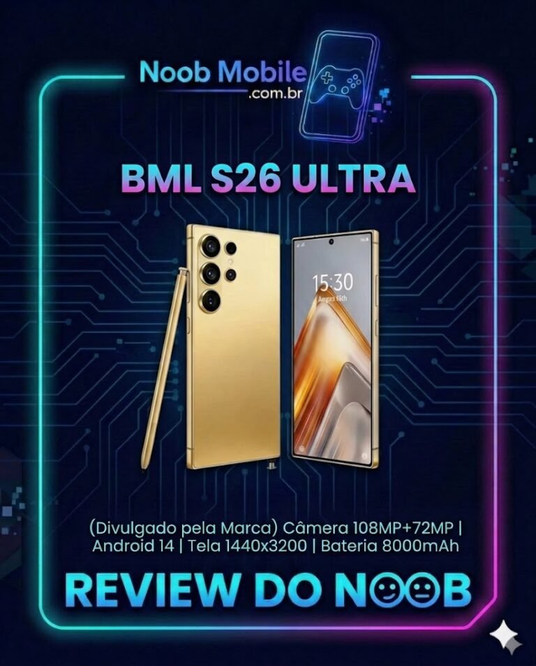 Banner oficial do Noob Mobile analisando se o BML S26 Ultra vale a pena, destacando as especificações divulgadas pela marca.