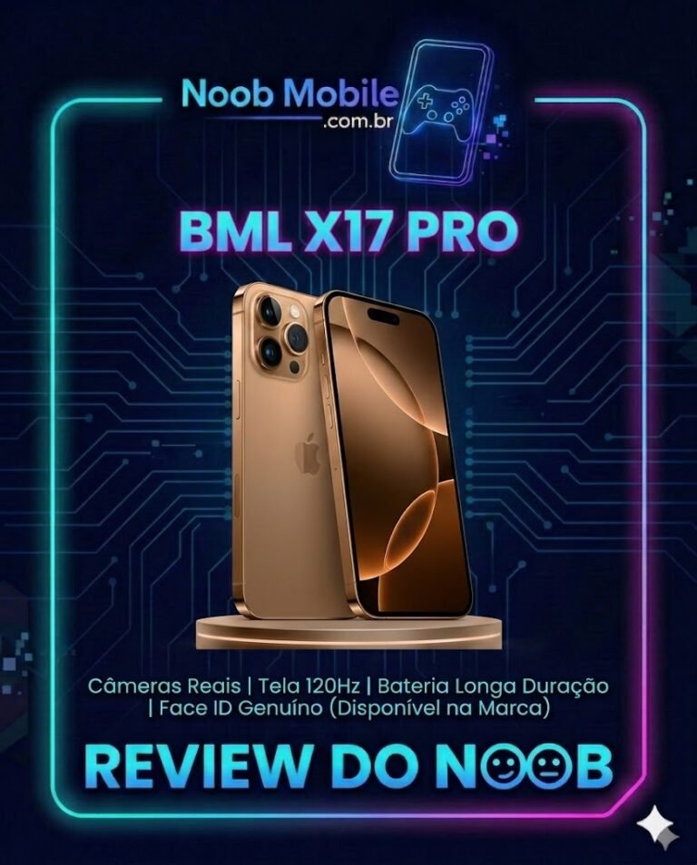 Banner oficial do Noob Mobile investigando se o BML X17 Pro vale a pena, destacando os specs falsos divulgados pela marca.