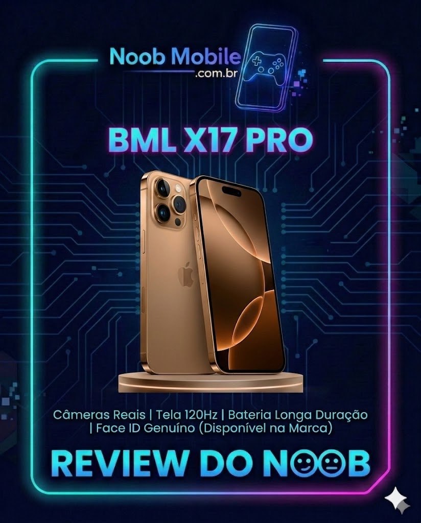 Banner oficial do Noob Mobile investigando se o BML X17 Pro vale a pena, destacando os specs falsos divulgados pela marca.