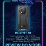 Oukitel G1 é bom? Infográfico mostra o smartphone indestrutivel na moldura Noob Mobile destacando bateria de 10.600mAh, 24GB de RAM e resistência militar.