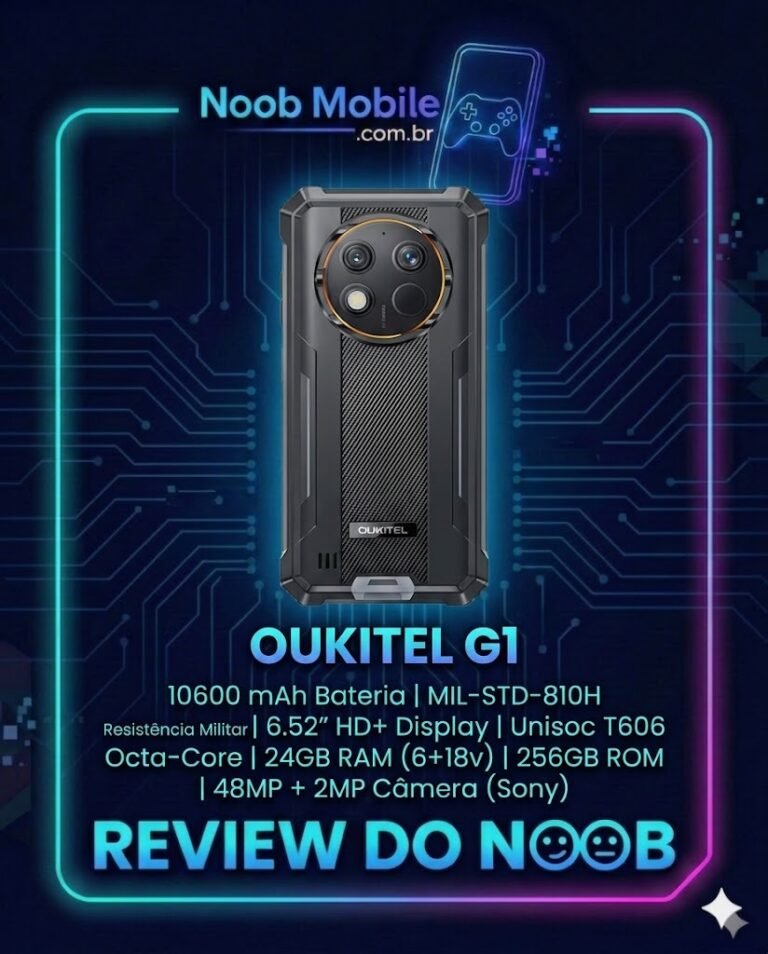 Infográfico do Oukitel G1 na moldura Noob Mobile destacando bateria de 10.600mAh, 24GB de RAM e resistência militar.