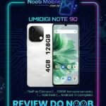Celular Umidigi note 90 é bom? Banner oficial do site Noob Mobile mostrando o celular UMIDIGI Note 90 em detalhes para avaliar se o celular umidigi note 90 é bom, destacando seu design com traseira branca e tela de 90Hz dentro de uma moldura neon cyberpunk com o título Review do Noob.