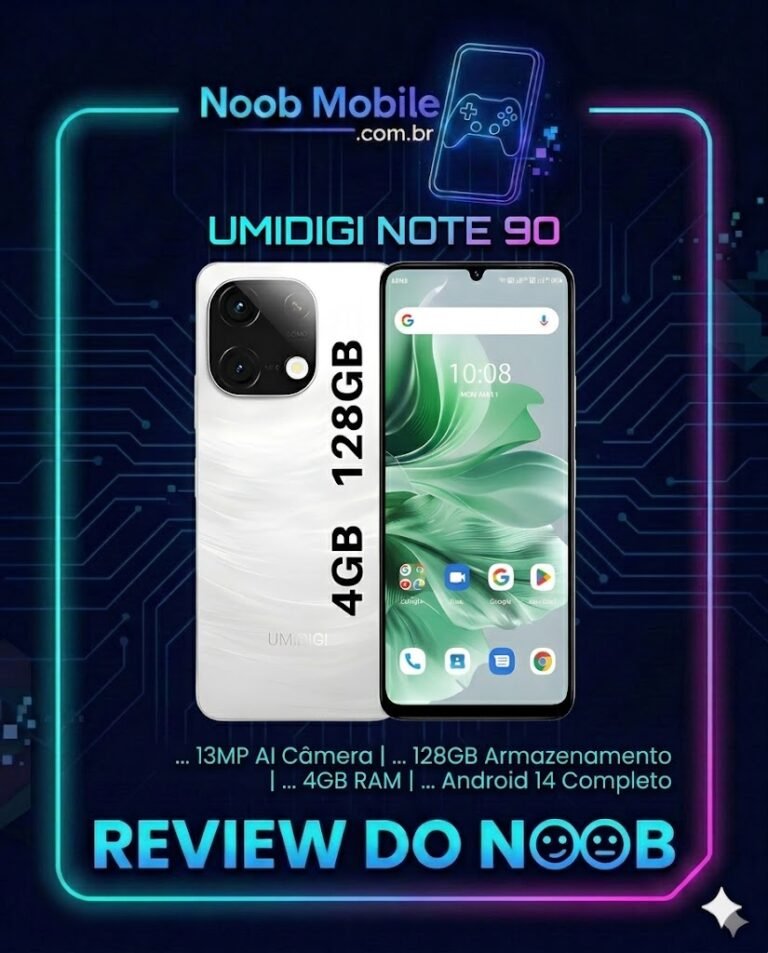 Celular Umidigi note 90 é bom? Banner oficial do site Noob Mobile mostrando o celular UMIDIGI Note 90 em detalhes para avaliar se o celular umidigi note 90 é bom, destacando seu design com traseira branca e tela de 90Hz dentro de uma moldura neon cyberpunk com o título Review do Noob.