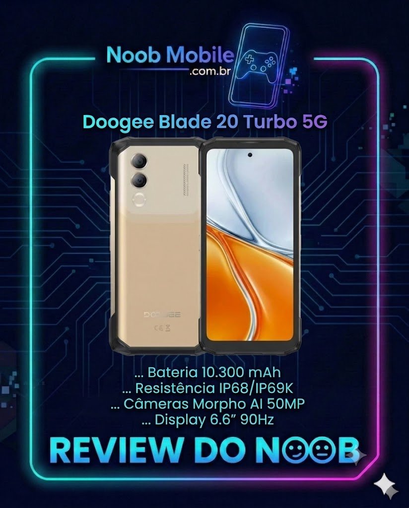 Smartphone robusto Doogee Blade 20 Turbo 5G na cor dourada, exibindo design resistente com certificação militar, acompanhado do selo Review do Noob com especificações técnicas. O Doogee Blade 20 Turbo 5G é bom para trabalho pesado e jogos.