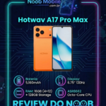 Infográfico do review Hotwav A17 Pro Max na cor laranja mostrando a frente e o verso do aparelho com destaque para a ficha técnica: bateria de 5.160mAh, tela de 120Hz e processador Octa-Core.