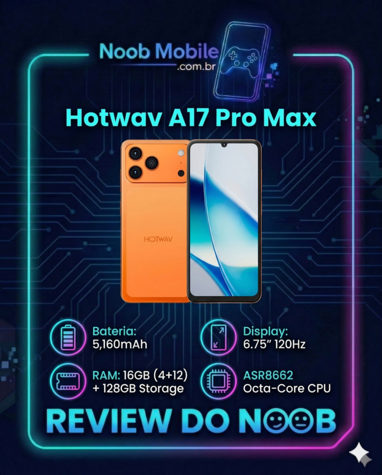 Infográfico do review Hotwav A17 Pro Max na cor laranja mostrando a frente e o verso do aparelho com destaque para a ficha técnica: bateria de 5.160mAh, tela de 120Hz e processador Octa-Core.