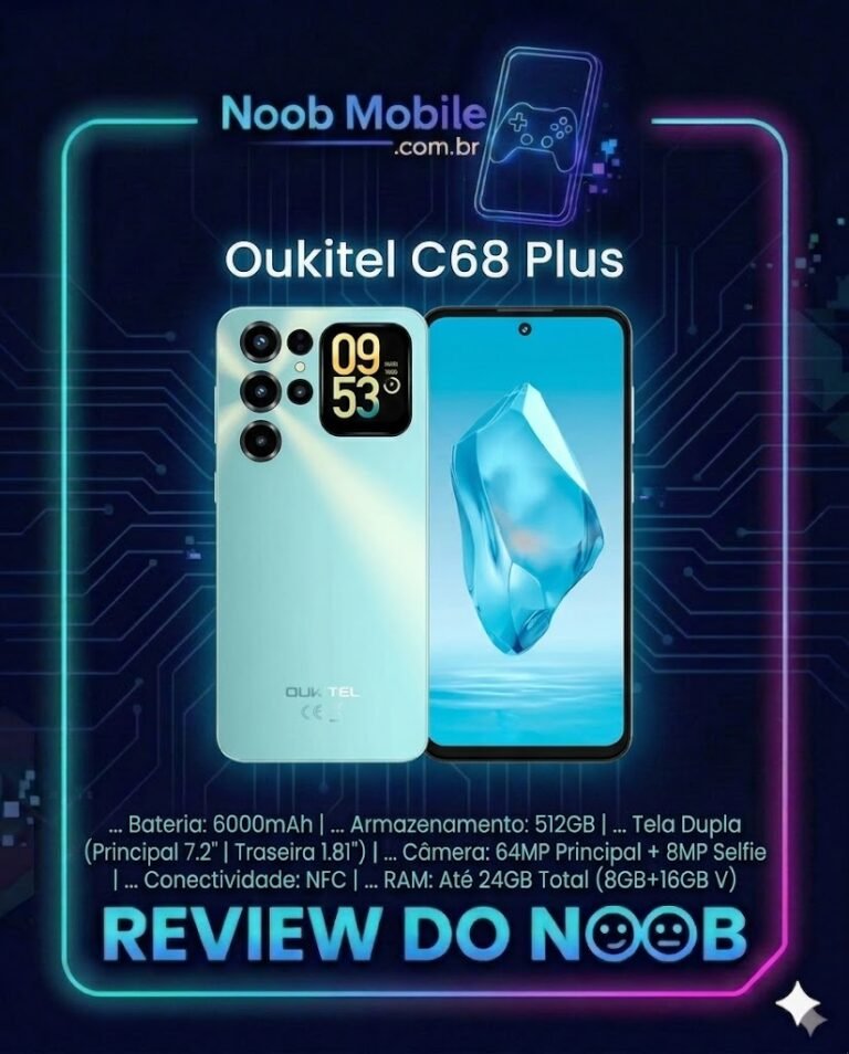 Infográfico do Noob Mobile para avaliar se o Oukitel C68 Plus vale a pena, mostrando o design de duas telas do smartphone, a traseira azul-claro, a frente com painel de 7.2 polegadas e os principais specs técnicos acima do selo Review do Noob.