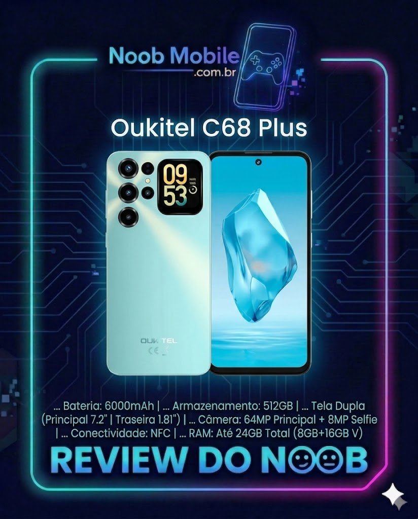 Infográfico do Noob Mobile para avaliar se o Oukitel C68 Plus vale a pena, mostrando o design de duas telas do smartphone, a traseira azul-claro, a frente com painel de 7.2 polegadas e os principais specs técnicos acima do selo Review do Noob.