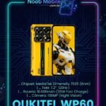 Capa do review Noob Mobile mostrando o smartphone rugged Oukitel WP60 amarelo (estilo Bumblebee) com bateria de 10.000mAh e tela de 120Hz dentro de uma moldura neon azul e rosa. Texto destaca que o Oukitel WP60 é bom e tem chipset Dimensity 7025.