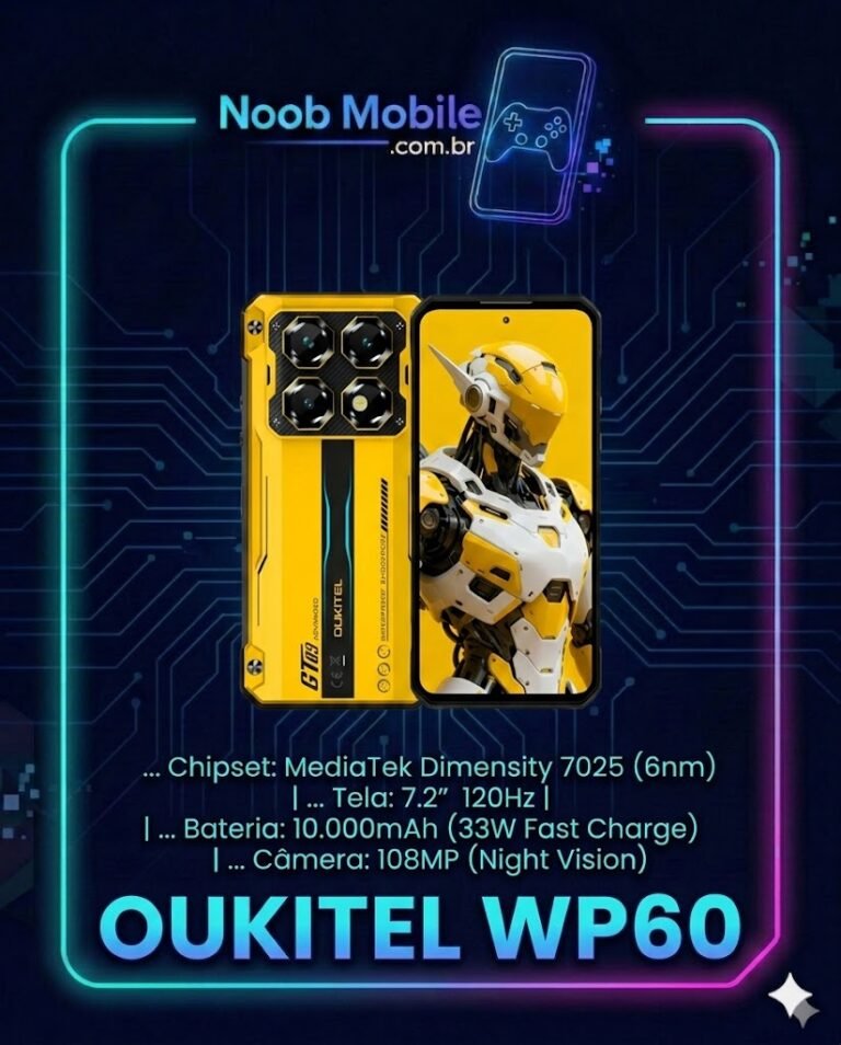 Capa do review Noob Mobile mostrando o smartphone rugged Oukitel WP60 amarelo (estilo Bumblebee) com bateria de 10.000mAh e tela de 120Hz dentro de uma moldura neon azul e rosa. Texto destaca que o Oukitel WP60 é bom e tem chipset Dimensity 7025.