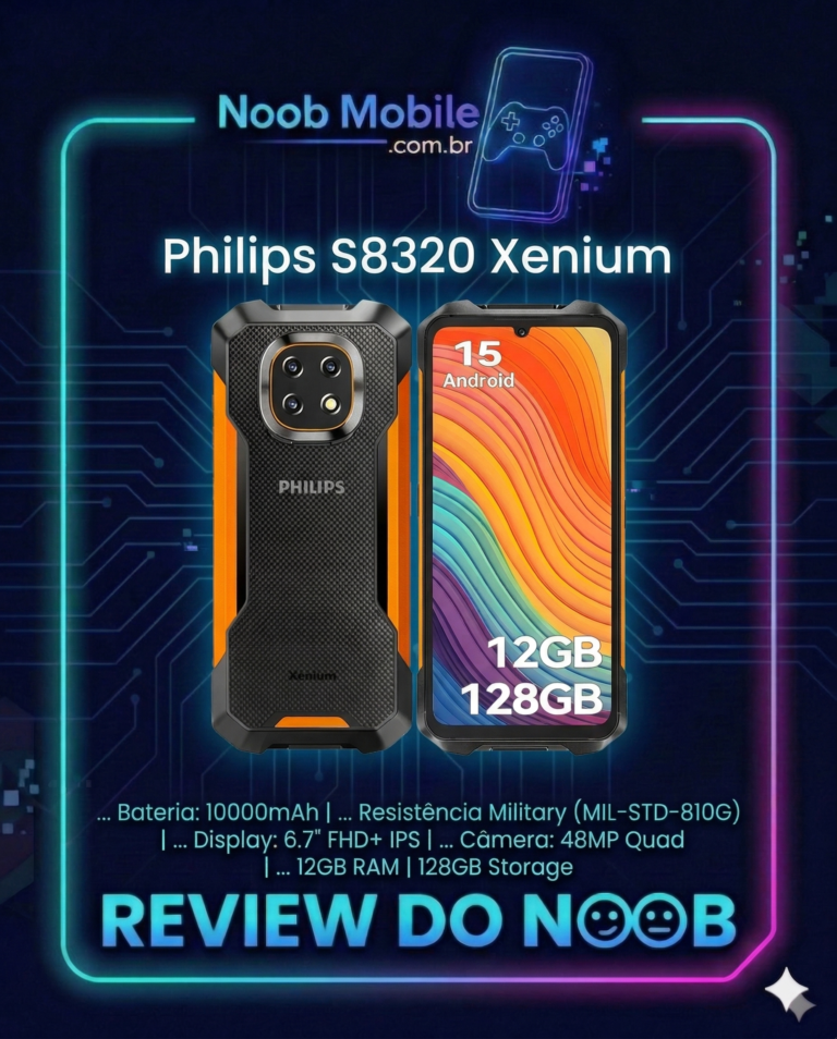 smartphone robusto Philips S8320 Xenium é bom? Infográfico mostrando a tela e a traseira laranja. Inclui texto detalhado das especificações técnicas como bateria de 10.000mAh e certificação militar, com o selo Review do Noob.