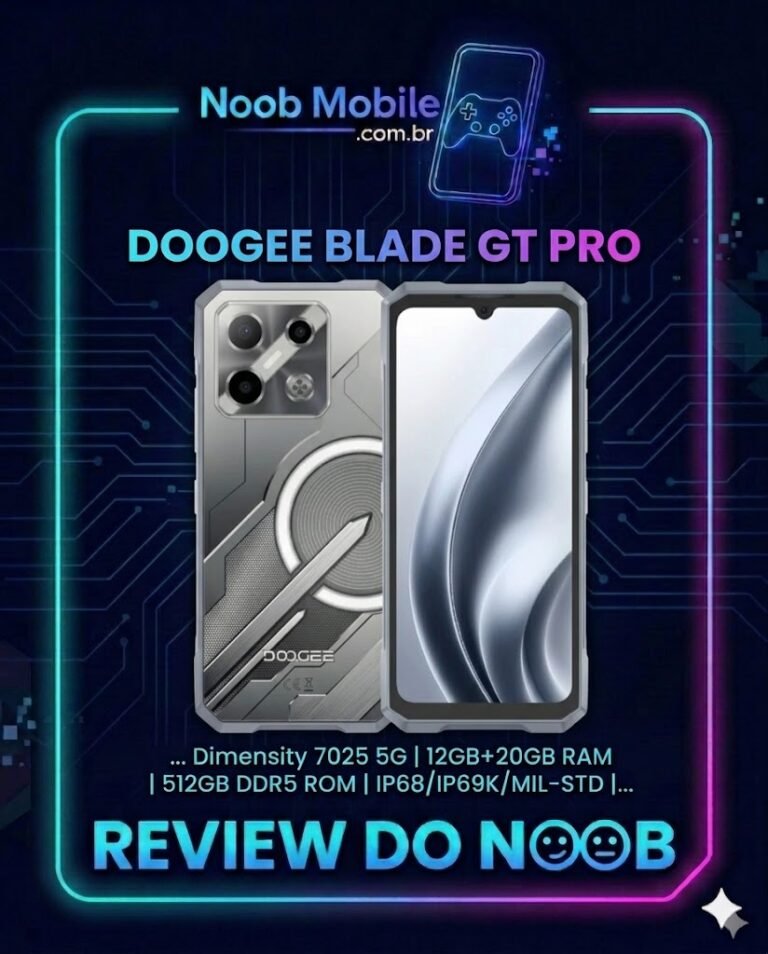 Doogee Blade GT Pro é Bom? Smartphone robusto com chassi cinza mostrando a frente e a traseira transparente com leds dentro da moldura oficial do site Noob Mobile.