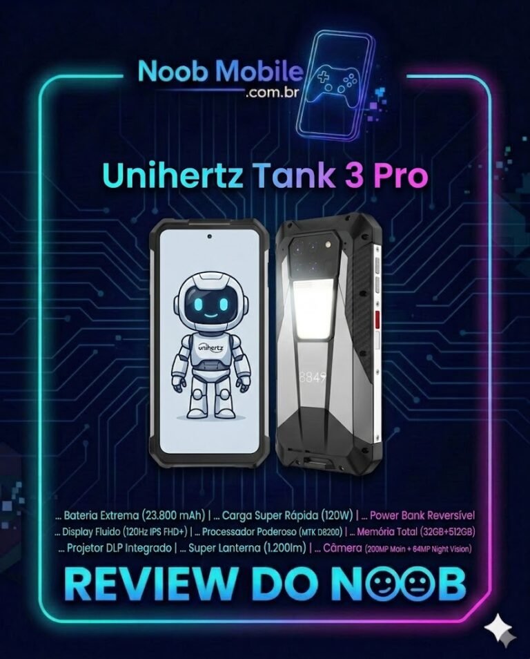 Unihertz tank 3 pro vale a pena banner oficial de review do noob mobile mostrando o design frontal e traseiro do celular com projetor