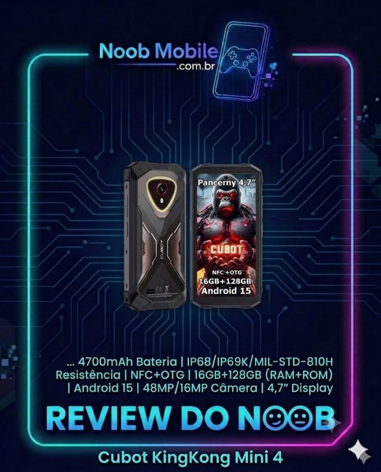 Smartphone robusto Cubot KingKong Mini 4 em fundo branco, destacando design compacto e proteção militar. O Cubot KingKong Mini 4 é bom para quem busca um celular indestrutível e prático.