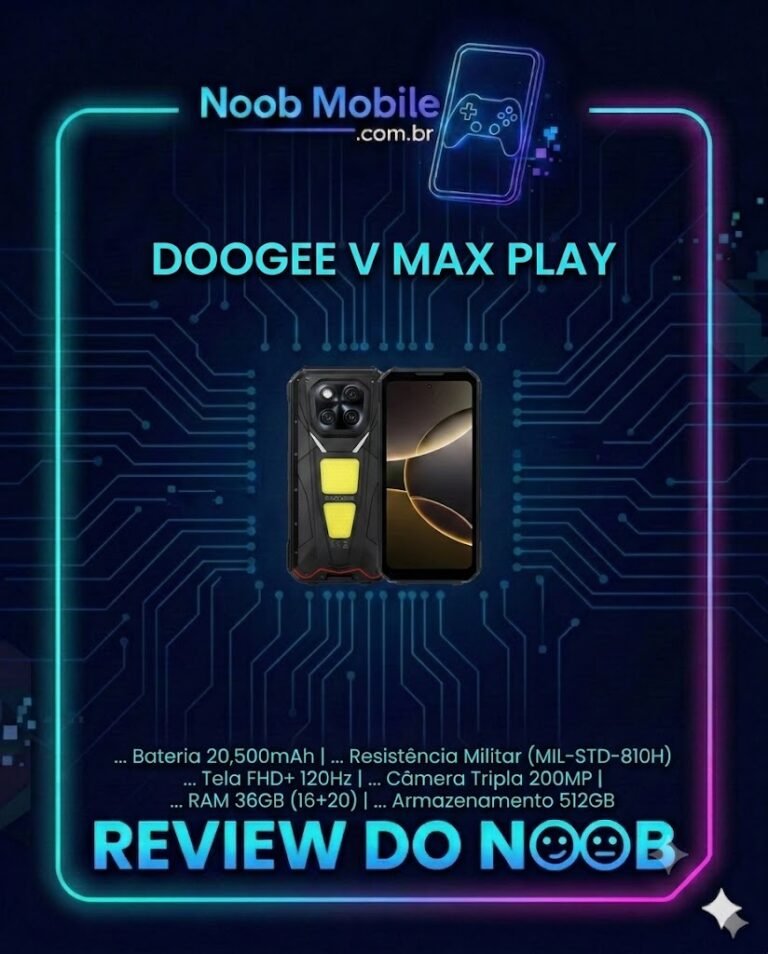 Imagem frontal e traseira do celular indestrutível Doogee V Max Play, mostrando o módulo de câmeras, o projetor integrado e a tela de alta fluidez. Confira se o Doogee V Max Play é bom para uso extremo.