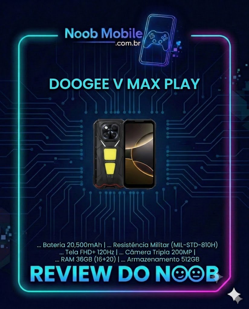 Imagem frontal e traseira do celular indestrutível Doogee V Max Play, mostrando o módulo de câmeras, o projetor integrado e a tela de alta fluidez. Confira se o Doogee V Max Play é bom para uso extremo.