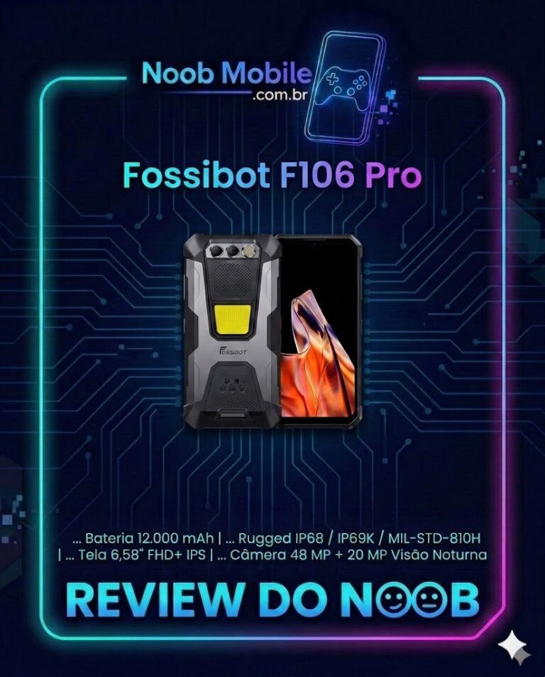 Imagem de review mostrando o celular Fossibot F106 Pro, um robusto com super lanterna e visão noturna, para tirar a dúvida se o Fossibot F106 Pro é bom.