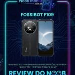Banner promocional mostrando a parte frontal e traseira do smartphone robusto FossiBot F109 com o título 'Review do Noob'. O texto destaca se o FossiBot F109 é bom detalhando suas especificações de bateria de 10.600 mAh, tela de 6.7 polegadas e resistência militar.