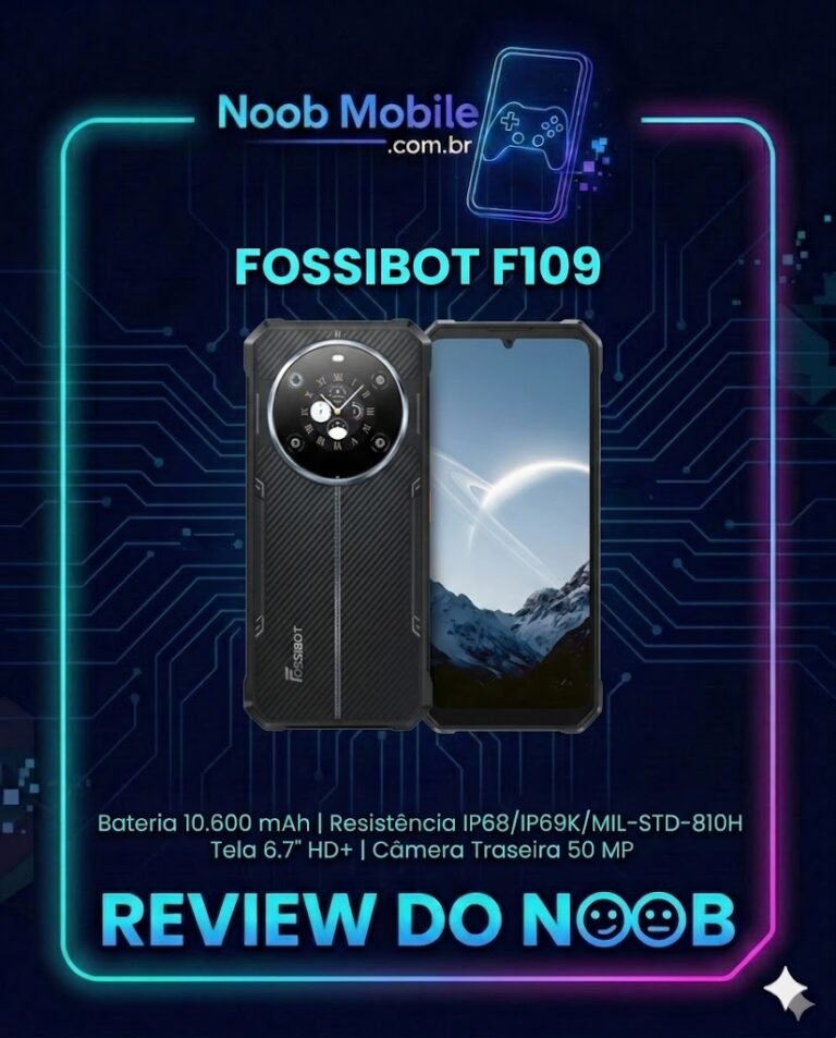 Banner promocional mostrando a parte frontal e traseira do smartphone robusto FossiBot F109 com o título 'Review do Noob'. O texto destaca se o FossiBot F109 é bom detalhando suas especificações de bateria de 10.600 mAh, tela de 6.7 polegadas e resistência militar.