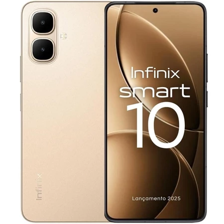 Smartphone Infinix Smart 10 em destaque mostrando seu design na cor dourada e tela