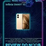 Smartphone Infinix Smart 10 em destaque na moldura de review do Noob Mobile, confirmando se o Infinix Smart 10 é bom para o dia a dia.