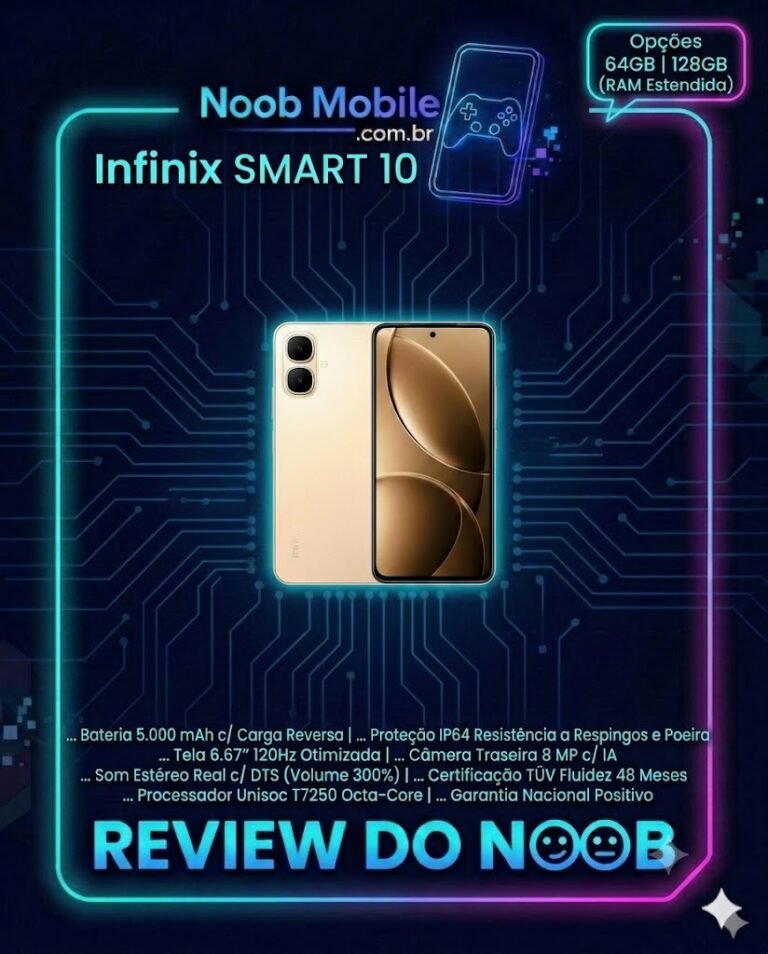 Smartphone Infinix Smart 10 em destaque na moldura de review do Noob Mobile, confirmando se o Infinix Smart 10 &eacute; bom para o dia a dia.