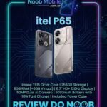 Smartphone itel P65 em ângulo com visual cyberpunk e caixa de especificações do site Noob Mobile, ideal para quem quer saber se o itel p65 é bom para jogos.