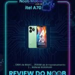 itel a70 é bom? Banner de review do smartphone itel a70 com especificações de 12GB de RAM, 256GB de armazenamento e bateria de 5000mAh no Noob Mobile.
