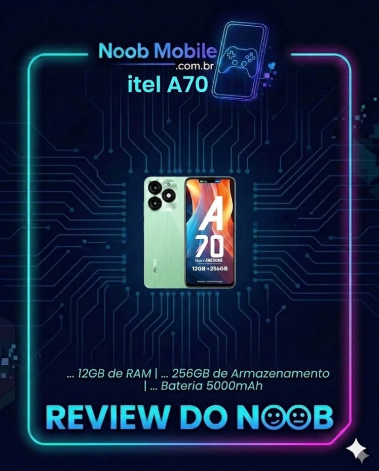 itel a70 é bom? Banner de review do smartphone itel a70 com especificações de 12GB de RAM, 256GB de armazenamento e bateria de 5000mAh no Noob Mobile.
