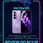 Banner promocional Noob Mobile com foto do smartphone itel City 100 na cor roxa mostrando que o itel city 100 é bom para o mercado de entrada.