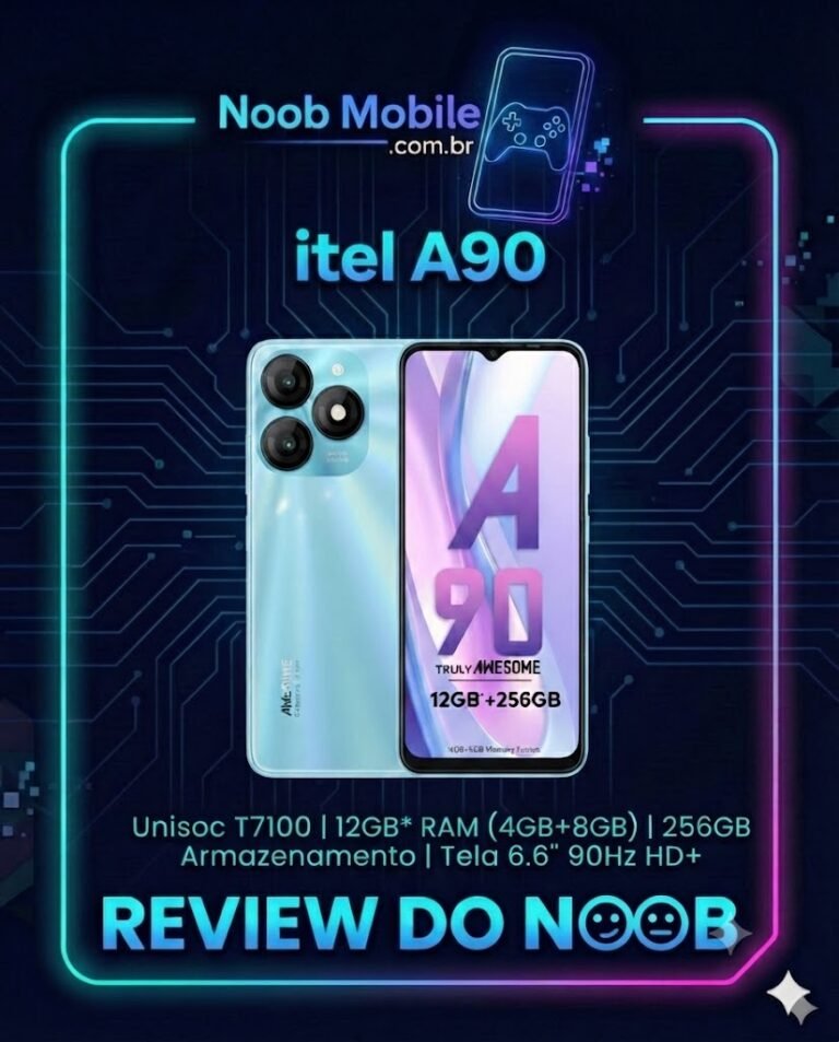 Smartphone itel A90 na cor azul, um matador de topos de linha de entrada. Será que o itel A90 é bom? Confira os detalhes de 256GB e 12GB de RAM.
