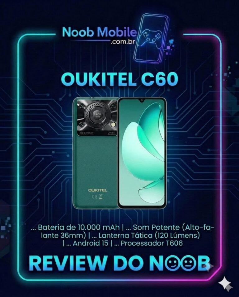 Capa oficial do Review do Noob Mobile com render do Oukitel C60 (frente e verso) e destaques de bateria de 10.000 mAh e som potente, confirmando que o Oukitel C60 &eacute; bom.