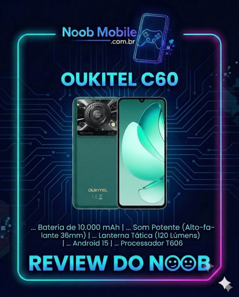 Capa oficial do Review do Noob Mobile com render do Oukitel C60 (frente e verso) e destaques de bateria de 10.000 mAh e som potente, confirmando que o Oukitel C60 é bom.