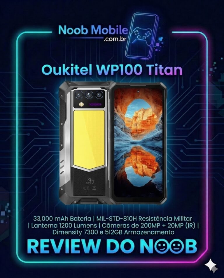 Smartphone robusto Oukitel WP100 Titan em fundo de tecnologia com review Noob Mobile. O Oukitel WP100 Titan é bom para quem busca bateria de 33.000 mAh e projetor integrado.